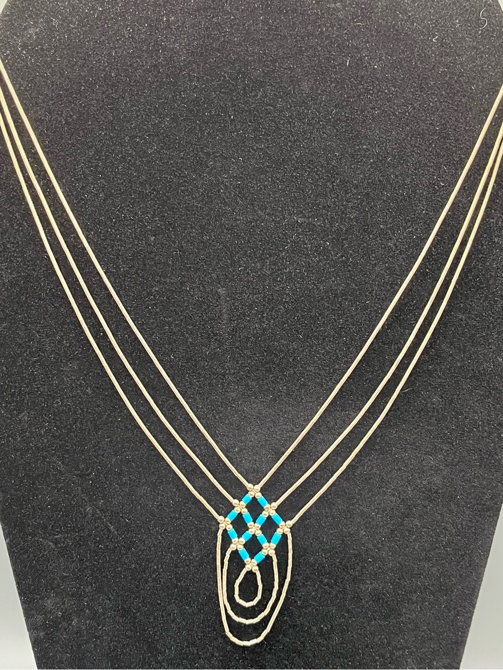 Native Made 20 Inch 3 Strand Sterling Liquid Silver And Turquoise Necklace